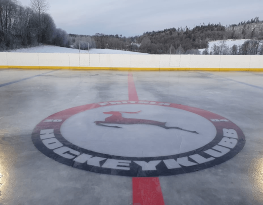 Närbild på logotypen i rinken på Fritsla Hockeyklubbs anläggning.