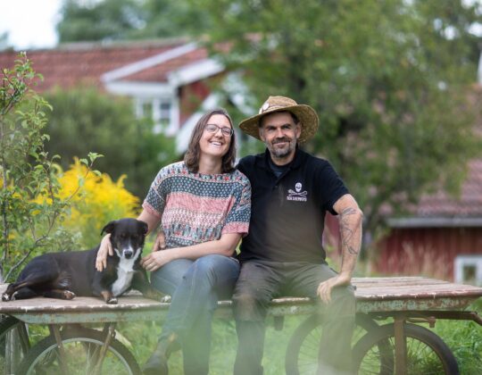 En kvinna och en man sitter med sin hund på en trädgårdsvagn i trädgårdsmiljö.